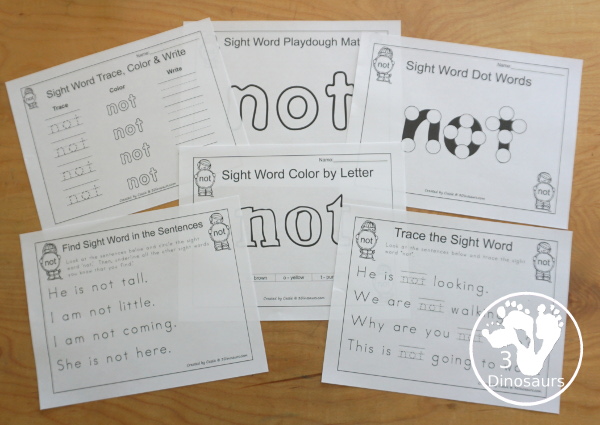 Romping & Roaring Preprimer Sight Words: not - showing all the pages in the set for not. 3Dinosaurs.com