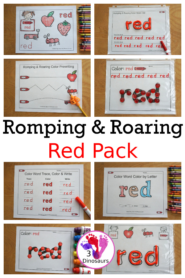 Free Romping & Roaring Color Pack Red - 8 free pages of printables for the color red - Playoudgh mats, coloring, tracing and more. - 3Dinosaurs.com