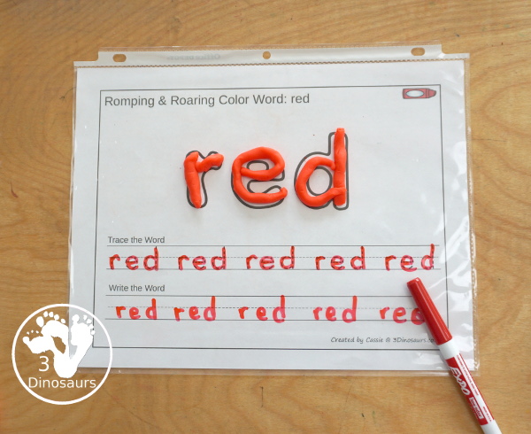 Free Romping & Roaring Color Pack Red - playdough mat with tracing and writing for the color word red - 3Dinosaurs.com