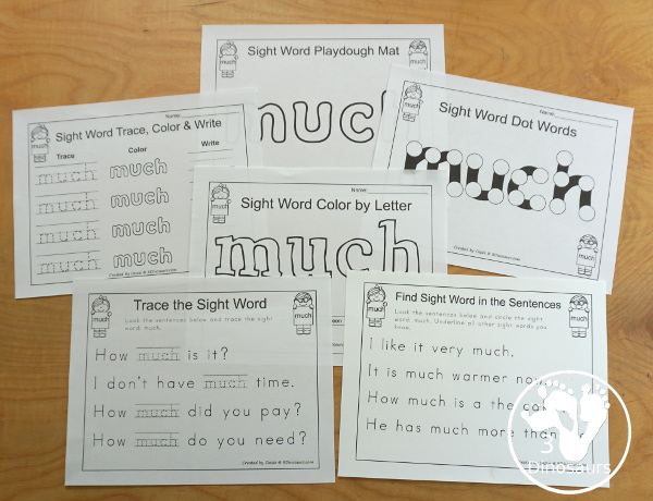 Free Romping & Roaring Third Grade Sight Words Packs Set 7: Much - 6 pages of activities for sight word much. These are great sight word printables for learning centers - 3Dinosaurs.com