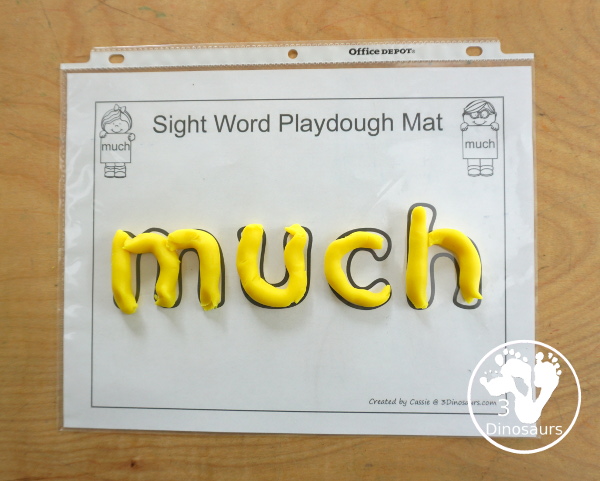 Free Romping & Roaring Third Grade Sight Words Packs Set 7: Much, Myself, Never, Only - fun sight word playoudgh mat center idea. - 3Dinosaurs.com