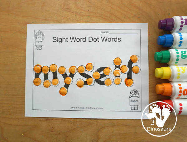 Free Romping & Roaring Third Grade Sight Words Packs Set 7: Much, Myself, Never, Only - dot marker sight words you can use dot markers or clear counters. - 3Dinosaurs.com