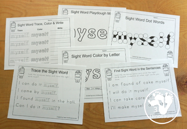 Free Romping & Roaring Third Grade Sight Words Packs Set 7: Myself - 6 pages of activities for sight word myself. These are great sight word printables for learning centers - 3Dinosaurs.com
