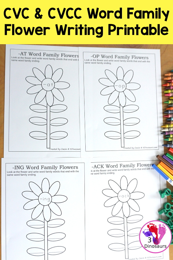 Free CVC & CVCC Word Family Writing Flowers - You have flowers with a word ending for CVC and CVCC words and then you have leaves on the stem for writing words. A simple spring word family writing activity for kids in kindergarten and first grade. - 3Dinosaurs.com