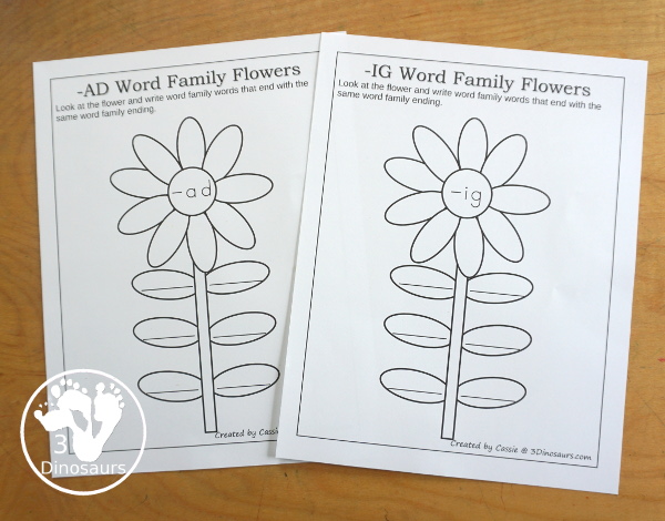 Free CVC & CVCC Word Family Writing Flowers - You have flowers with a word ending for CVC and CVCC words and then you have leaves on the stem for writing words. A simple spring word family writing activity for kids in kindergarten and first grade. - 3Dinosaurs.com