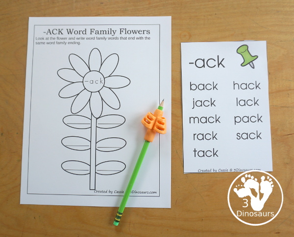 Free CVC & CVCC Word Family Writing Flowers - You have flowers with a word ending for CVC and CVCC words and then you have leaves on the stem for writing words. A simple spring word family writing activity for kids in kindergarten and first grade. - 3Dinosaurs.com