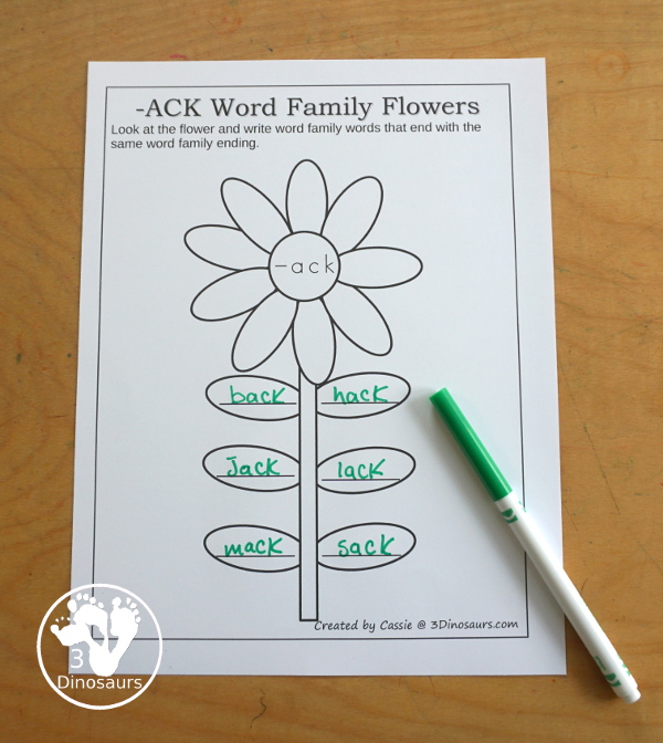 Free CVC & CVCC Word Family Writing Flowers - You have flowers with a word ending for CVC and CVCC words and then you have leaves on the stem for writing words. A simple spring word family writing activity for kids in kindergarten and first grade. - 3Dinosaurs.com