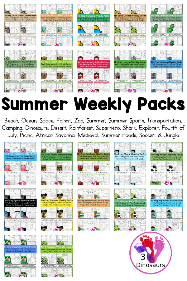No-Prep Weekly Packs for the Summer for Prek to 4th Grade - You have  Ocean, Beach, Zoo, Forest, Space, Summer, Summer Sports, Dinosaurs, Transportation, Camping, Explorer, Superhero, Shark, Desert, Rain Forest, Fourth of July, Summer Foods, Picnic, Medieval, Soccer, Jungle, and African Savanna. You have 4 pages of printables for 5 days for each week. You have prek, kindergarten, first grade, second grade, third grade, and fourth grade in these weekly packs - 3Dinosaurs.com