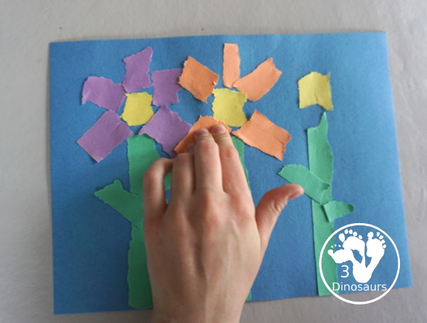 Torn Paper Flowers - a fun torn paper craft that kids can do with glue and construction paper. A simple flower craft for kids in preschool and prek. 3Dinosaurs.com