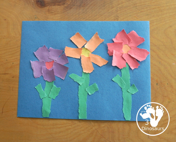 Torn Paper Flowers - a fun torn paper craft that kids can do with glue and construction paper. A simple flower craft for kids in preschool and prek. 3Dinosaurs.com