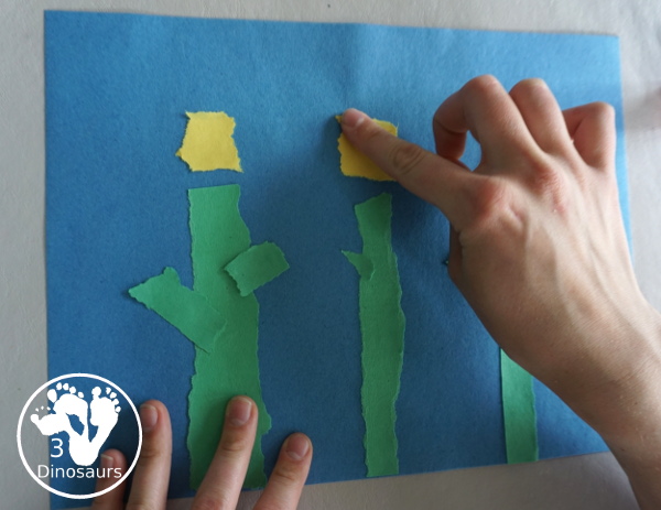 Torn Paper Flowers - a fun torn paper craft that kids can do with glue and construction paper. A simple flower craft for kids in preschool and prek. 3Dinosaurs.com