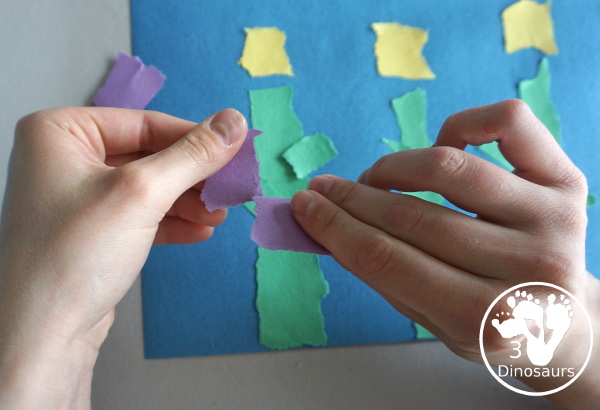 Torn Paper Flowers - a fun torn paper craft that kids can do with glue and construction paper. A simple flower craft for kids in preschool and prek. 3Dinosaurs.com