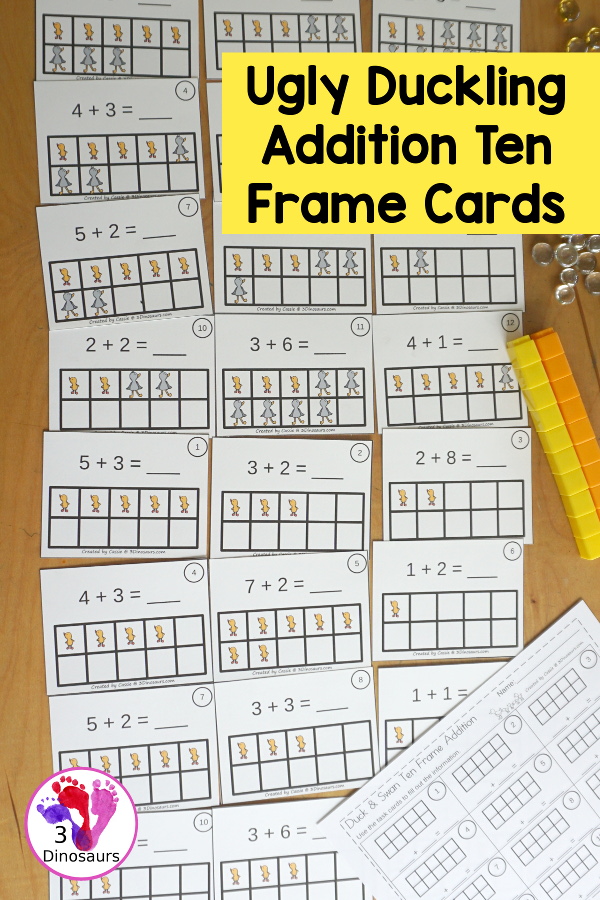 Free Ugly Duckling Ten Frame Addition 1 to 10 with part of ten frame filled out and partly filled out with a recording sheet that can be used the ten frame addition cards - 3Dinosaurs.com