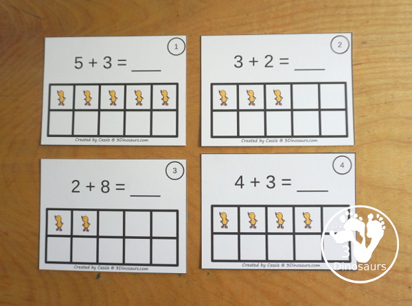 Free Ugly Duckling Ten Frame Addition 1 to 10 with part of ten frame filled out and partly filled out with a recording sheet that can be used the ten frame addition cards - 3Dinosaurs.com