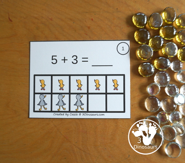 Free Ugly Duckling Ten Frame Addition 1 to 10 with part of ten frame filled out and partly filled out with a recording sheet that can be used the ten frame addition cards - 3Dinosaurs.com