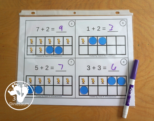 Free Ugly Duckling Ten Frame Addition 1 to 10 with part of ten frame filled out and partly filled out with a recording sheet that can be used the ten frame addition cards - 3Dinosaurs.com