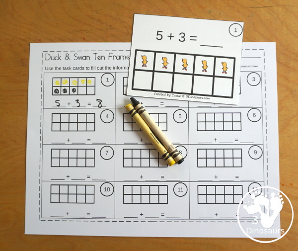 Free Ugly Duckling Ten Frame Addition 1 to 10 with part of ten frame filled out and partly filled out with a recording sheet that can be used the ten frame addition cards - 3Dinosaurs.com