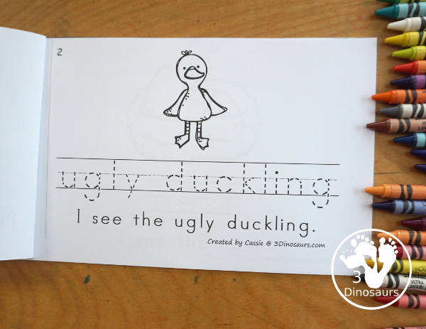Free Ugly Duckling Easy Reader Book With Tracing with tracing. This enjoyable 8-page book features various words from the story for kids to trace and then read the corresponding sentences. It is a super simple, easy reader book for children based on the Ugly Duckling story. - 3Dinosaurs.com