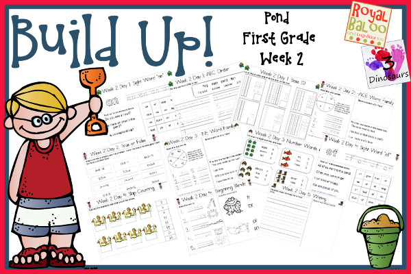 Build Up Summer Learning: Week 2 Pond - First Grade: Sight Words: an, give, had, of, stop; Word Families: -ake, -ace, -ine, -oat, -ice; Math and Language.- 3Dinosaurs.com