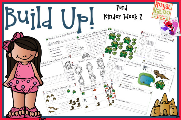 Build Up Summer Learning: Week 2 Pond - Kinder: Sight Words: am, came, now, well, yes; Word Families: og, et, at, ed, ig; Math and Language.- 3Dinosaurs.com