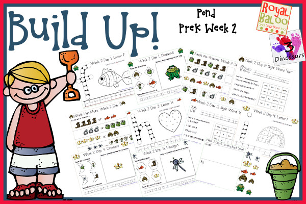 Build Up Summer Learning: Week 2 Pond - PreK: Alphabet: F, G, H, I J; Sight Words: down, for, it, see, two; Shapes: diamond, star, heart, crescent, hexagon; and an extra learning page for each day - 3Dinosaurs.com