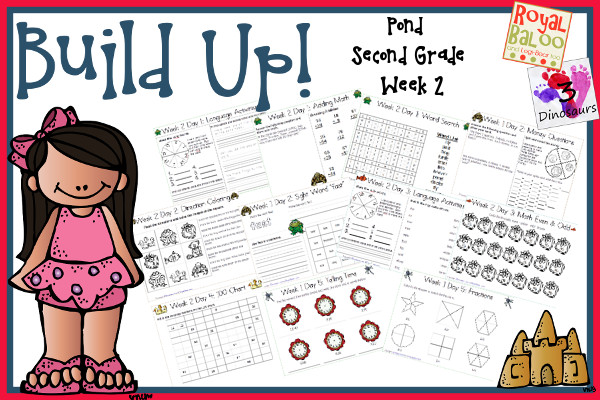 Build Up Summer Learning: Week 2 Pond - Second Grade: Sight Words: because, fast, sing, which, your; Word Families: -ong, -atch, -ack -uck, - eck; Math and Language.- 3Dinosaurs.com