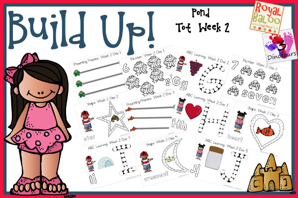Build Up Summer Learning: Week 2 Pond - Tot: Prewriting, Alphabet: F, G, H, I J, Shapes: diamond, star, heart, crescent, hexagon; Numbers: 6, 7, 8, 9, 10 - 3Dinosaurs.com