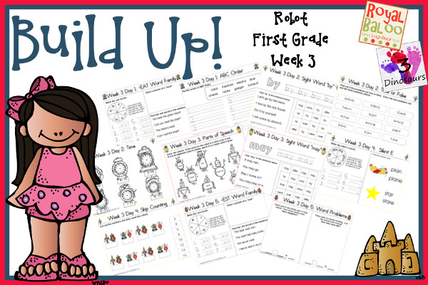 Build Up Summer Learning: Week 3 Robot - First Grade:  Sight Words: after, by, may, over, were; Word Family: -eat, -ay, -ail, -ide, -ice; Math and Language  - 3Dinosaurs.com