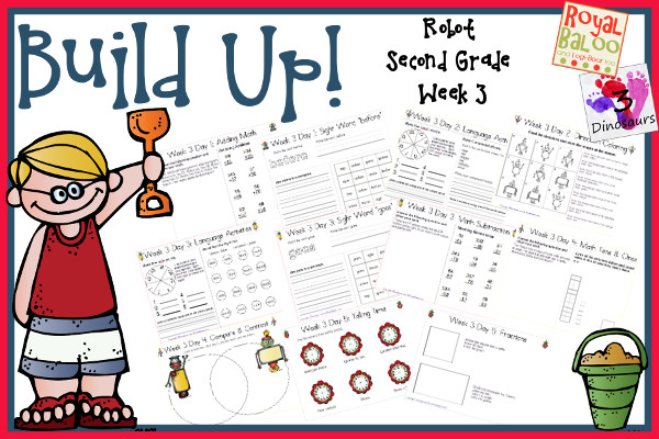 Build Up Summer Learning: Week 3 Robot - Second Grade: Sight Words: before, buy, goes, right, these; Word Family: -ip, -unch, -ock, -one, -each; Math and Language - 3Dinosaurs.com
