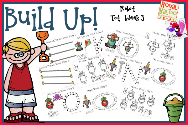 Build Up Summer Learning: Week 3 Robot - Tot: Prewriting, Alphabet: L, M, N, O, P; Numbers: 1, 2, 3, 4, 5; Shapes: circle, square, triangle, oval & rectangle  - 3Dinosaurs.com