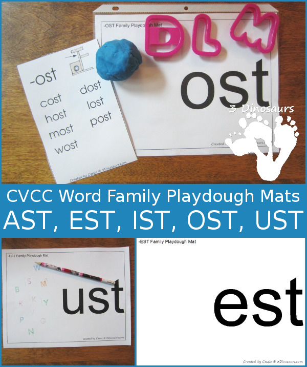 Free CVCC Word Family Playdough Mats: -ast, -est, -ist, -ost, -ust - 3Dinosaurs.com