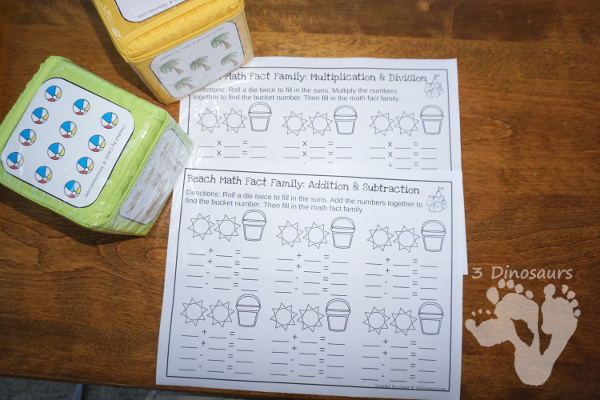 Free Fun No-Prep Beach Math Facts - addition and subtraction or multiplication and division with beach themed Dice - 3Dinosaurs.com