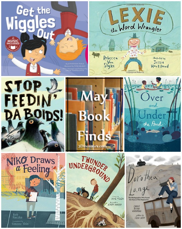 May 2017 Books Finds: 
great drepression, gross motor, history, pond, sensory, underground, birds, feelings, poems - 3Dinosaurs.com