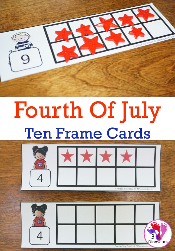 Free Fourth of July Ten Frame Cards - two different types of cards to use with red and blue stars - 3Dinosaurs.com