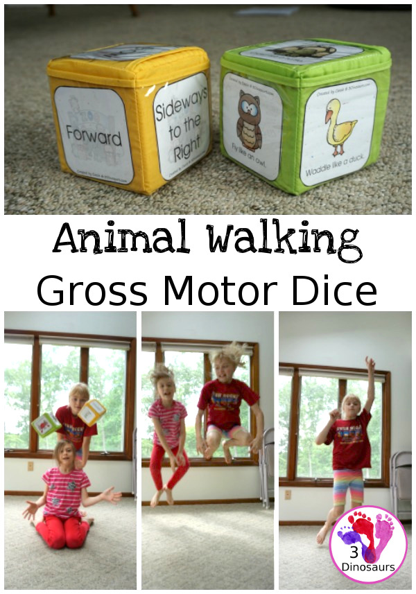 Free Animal Walking Themed Gross Motor Dice -  12 animal movements in 2 dice with 1 movement dice with two options for dice type - 3Dinosaurs.com #grossmotor #freeprintable