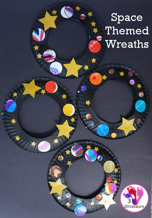 A Fun Space Theme Wreath - make a paper plate wreath with a space theme that has planets and stars - 3Dinosaurs.com 