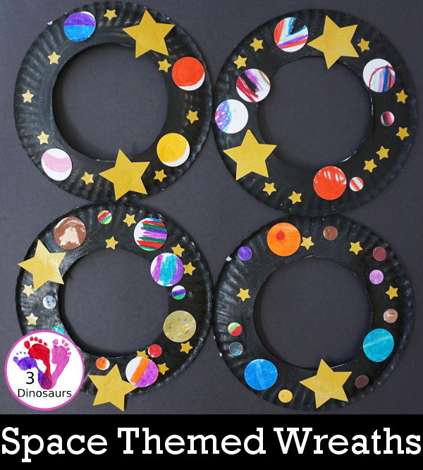 A Fun Space Theme Wreath - make a paper plate wreath with a space theme that has planets and stars - 3Dinosaurs.com 