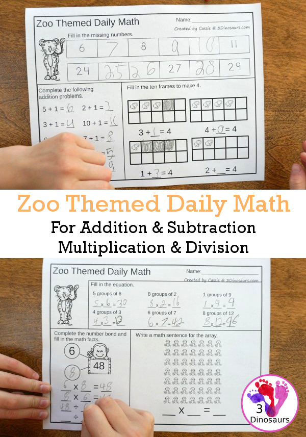 No PrepZoo Themed Addition & Subtraction and Multiplication & Division - 30 pages no-prep printables with a mix of addition and subtraction or multiplication and division activities plus a math center activities - 3Dinosaurs.com #noprepmath #tpt #addition #subtraction #multiplication #division