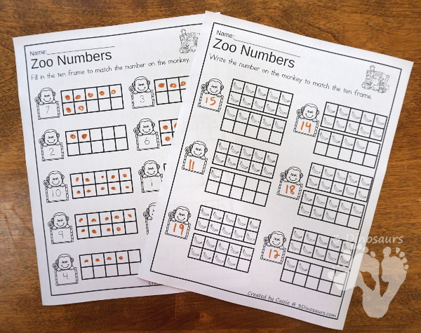 Zoo Themed Ten Frame Printables: No-Prep & Hands-On - 168 pages of printables working on ten frame activities for numbers 1 to 20 with hands-on and no-prep: cards, worksheets and easy reader books - 3Dinosaurs.com #handsonmath #teacherspayteachers #tenframe #summerprintablesforkids #printablesforkids