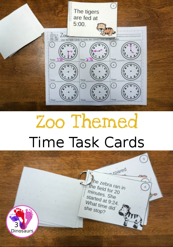 Free Zoo Themed Time Task Cards - two level of learning with clocks with at fun zoo theme - 3Dinosaurs.com