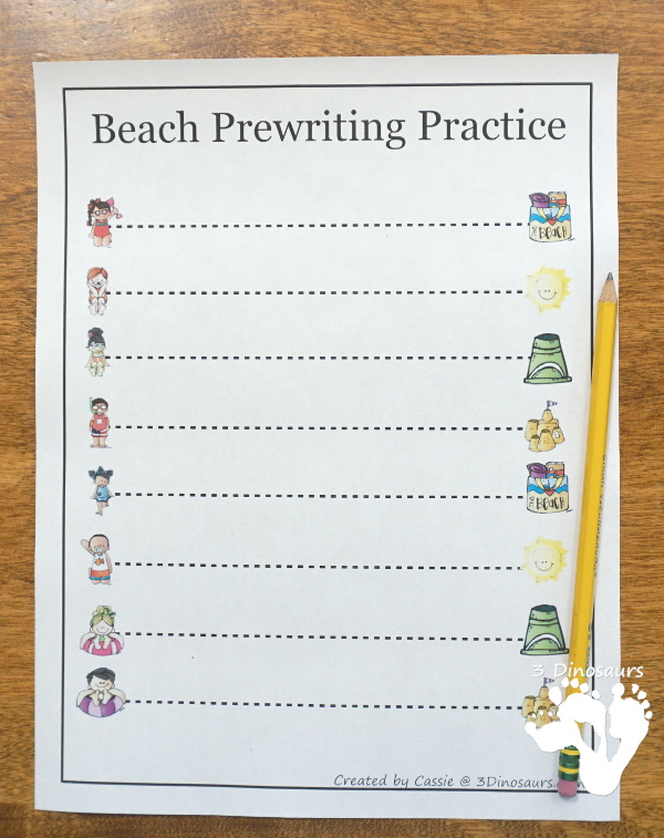Free Handwriting Fun With Beach Themed Prewriting - 28 pages of free beach theme prewriting with two levels of lines for kids to trace - 3Dinosaurs.com #freeprintable #prewriting #3dinosaurs