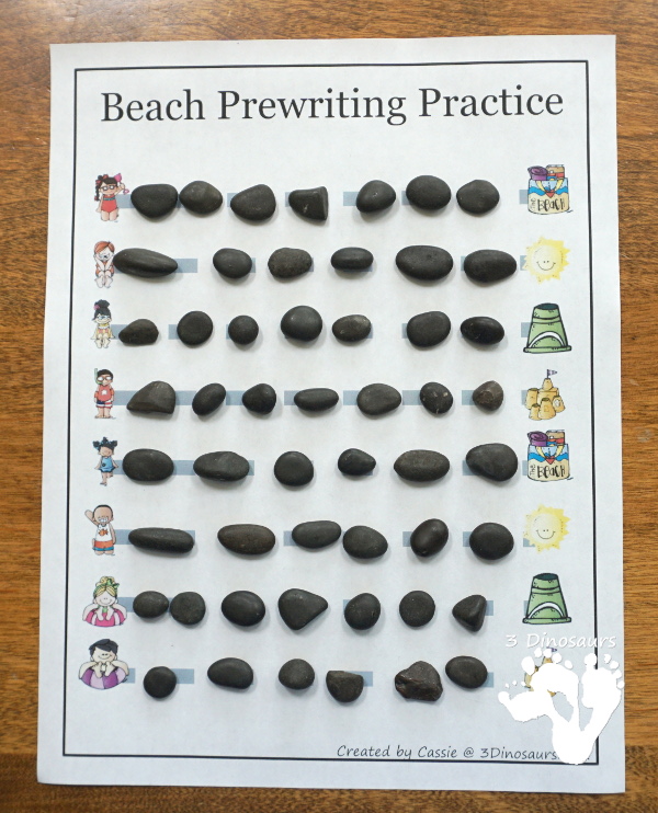 Free Handwriting Fun With Beach Themed Prewriting - 28 pages of free beach theme prewriting with two levels of lines for kids to trace - 3Dinosaurs.com #freeprintable #prewriting #3dinosaurs