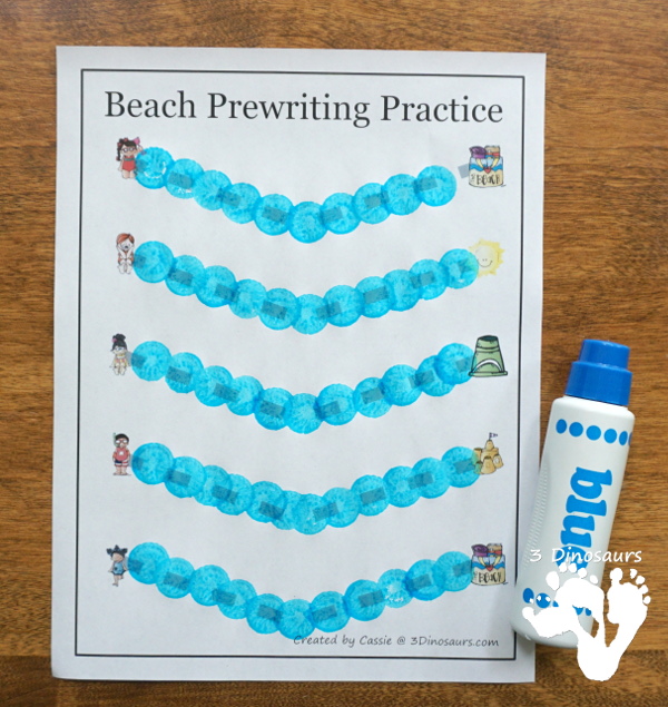 Free Handwriting Fun With Beach Themed Prewriting - 28 pages of free beach theme prewriting with two levels of lines for kids to trace - 3Dinosaurs.com #freeprintable #prewriting #3dinosaurs