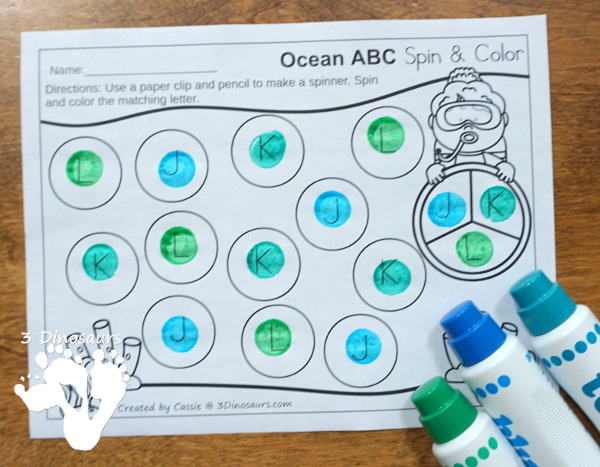 Free Ocean Themed ABC Spin & Color - uppercase and lowercase options with 3 letters per page - #freeprintable #abcs  #3dinosaurs