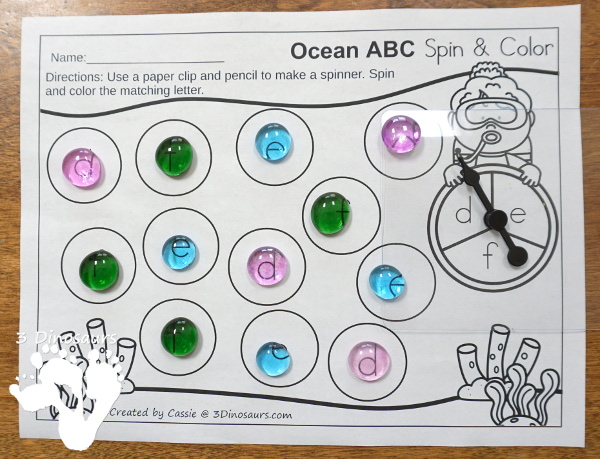 Free Ocean Themed ABC Spin & Color - uppercase and lowercase options with 3 letters per page - #freeprintable #abcs  #3dinosaurs