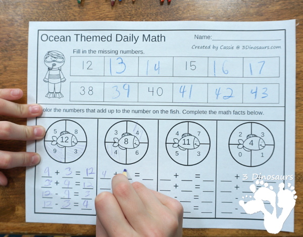 No Prep Ocean Themed Addition & Subtraction - 30 pages no-prep printables with a mix of addition and subtraction activities plus a math center activity - 3Dinosaurs.com -  #mathprintable #addition #subtraction #noprep  #3dinosaurs