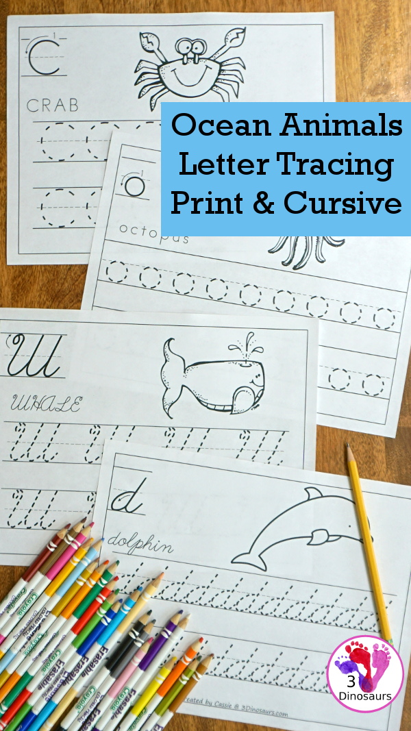 Free Ocean Animals Letter Tracing Print & Cursive - one letter per page with 6 letters in the set all with ocean animals themes in uppercase and lowercase for both print and cursive - #freeprintable #abcs #3dinosaurs