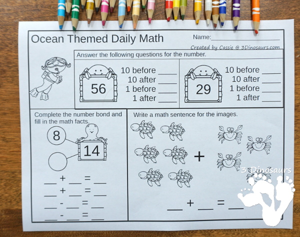 No Prep Ocean Addition & Subtraction and Multiplication & Division - 30 pages no-prep printables with a mix of addition and subtraction or multiplication and division activities plus a math center activities - 3Dinosaurs.com #noprepmath #tpt #addition #subtraction #multiplication #division