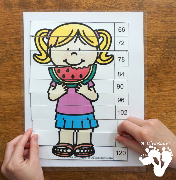 Free Hands-On Learning with Summer Skip Counting by 6 Puzzles - work on skip counting by 6 with these fun puzzles. - 3Dinosaurs.com #freeprintable #mathforkids #skipcounting #3dinosaurs