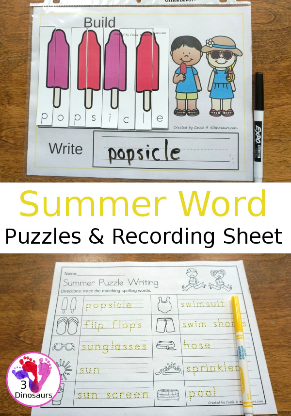 Free Hands-On Learning with Summer Themed Spelling Puzzles - work on summer words with 10 puzzles and recording mat. - 3Dinosaurs.com #freeprintable #spelling #handsonlearning #3dinosaurs